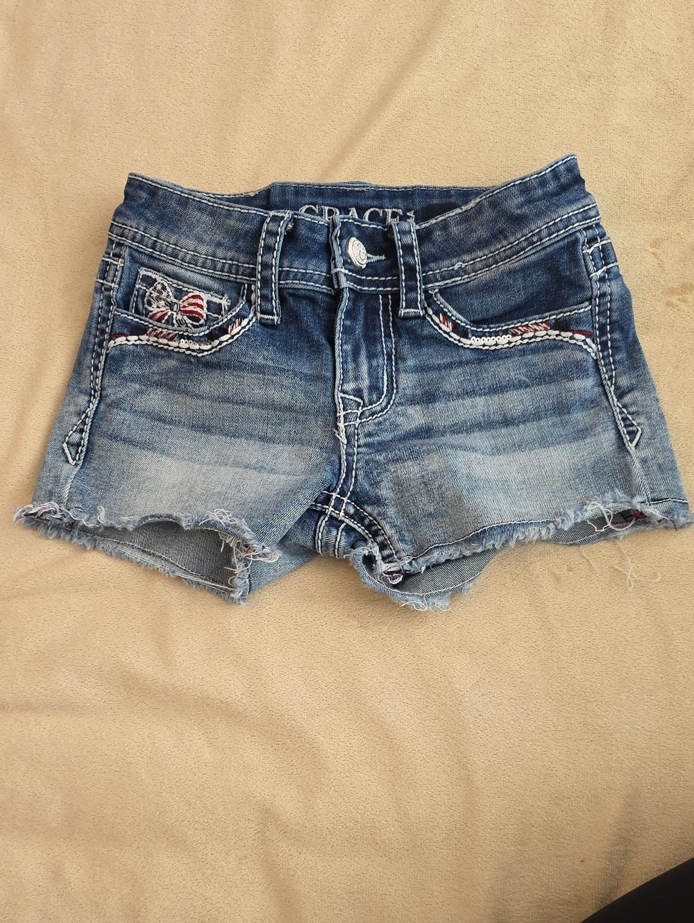 Grace Blue Denim Frayed Hem Girls' Shorts with Embroidered Pockets